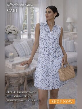 CAbi Sleeveless Shirtdress in White with Blue Animal Print